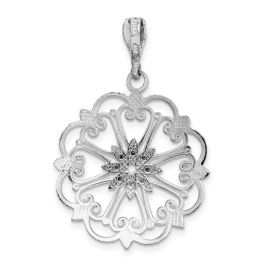 14K White Gold Starbust with Hearts D.C Beaded Filgree Pendant