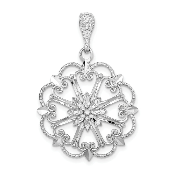 14K White Gold Starbust with Hearts D.C Beaded Filgree Pendant