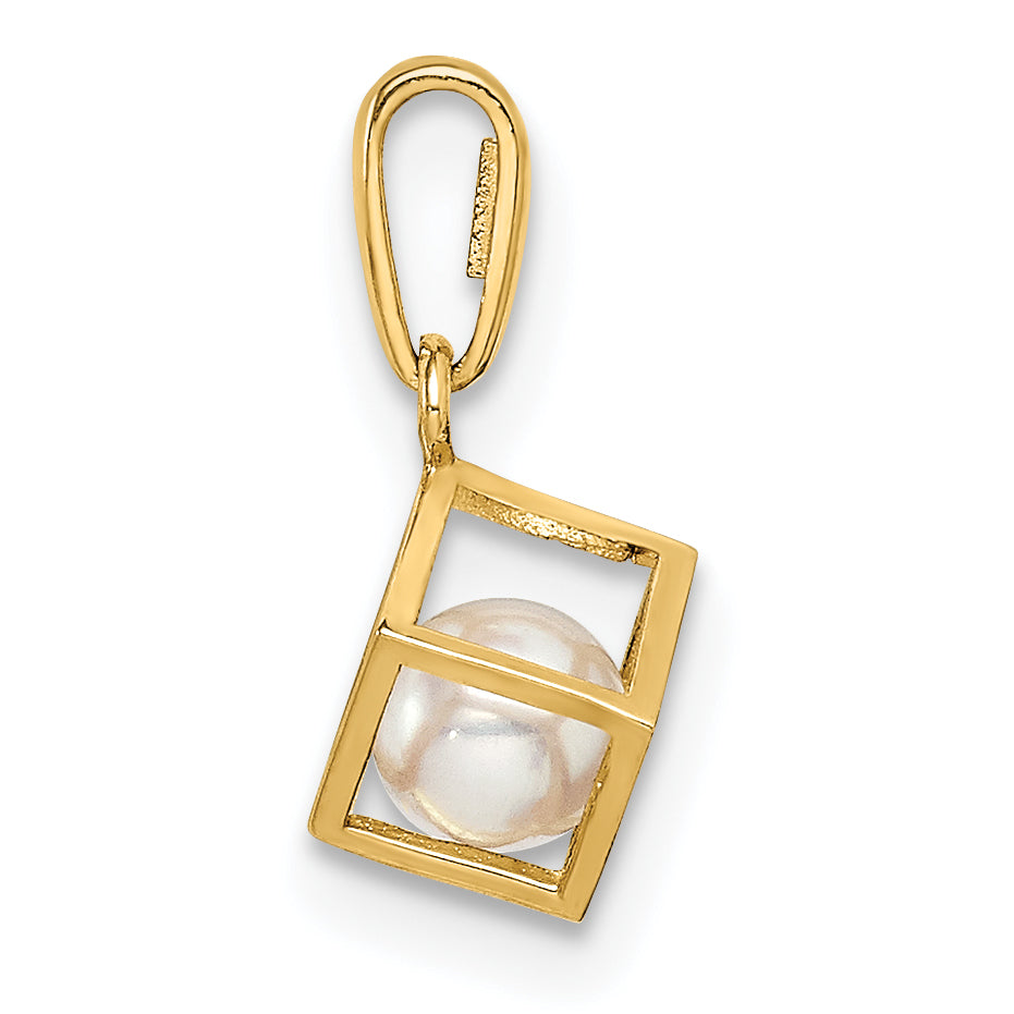 14K Yellow Gold 3-D Freshwater Cultured Pearl in Cube Pendant