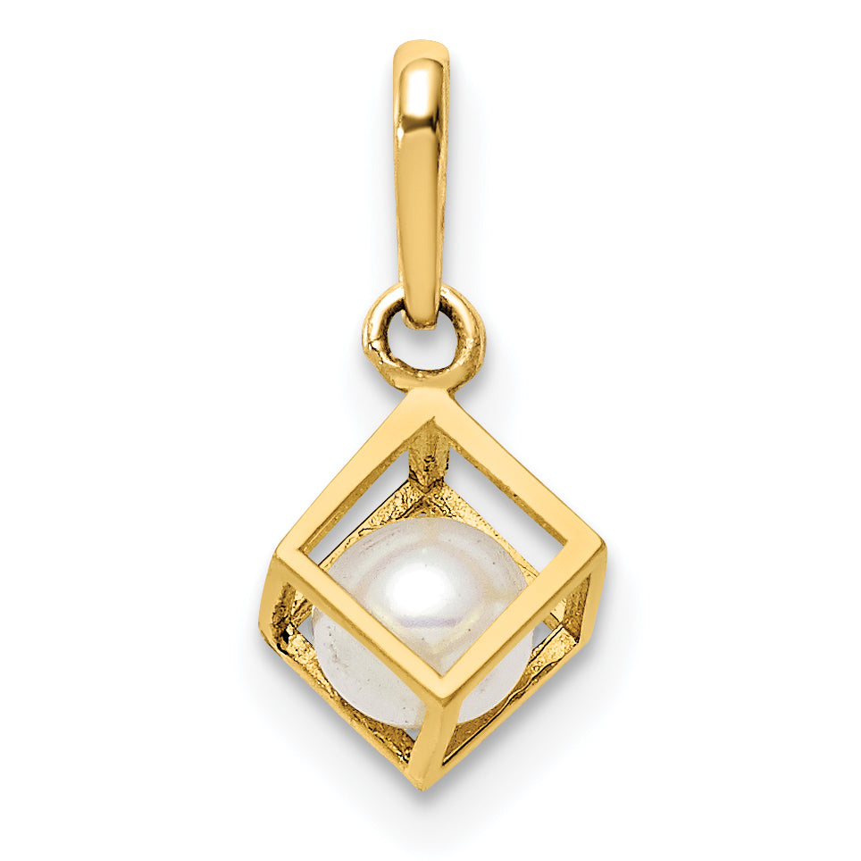 14K Yellow Gold 3-D Freshwater Cultured Pearl in Cube Pendant