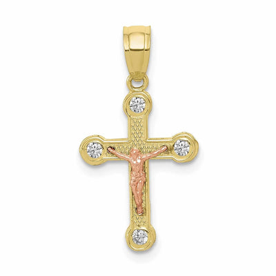 10K Two Tone Gold Polished C.Z Crucifix Pendant