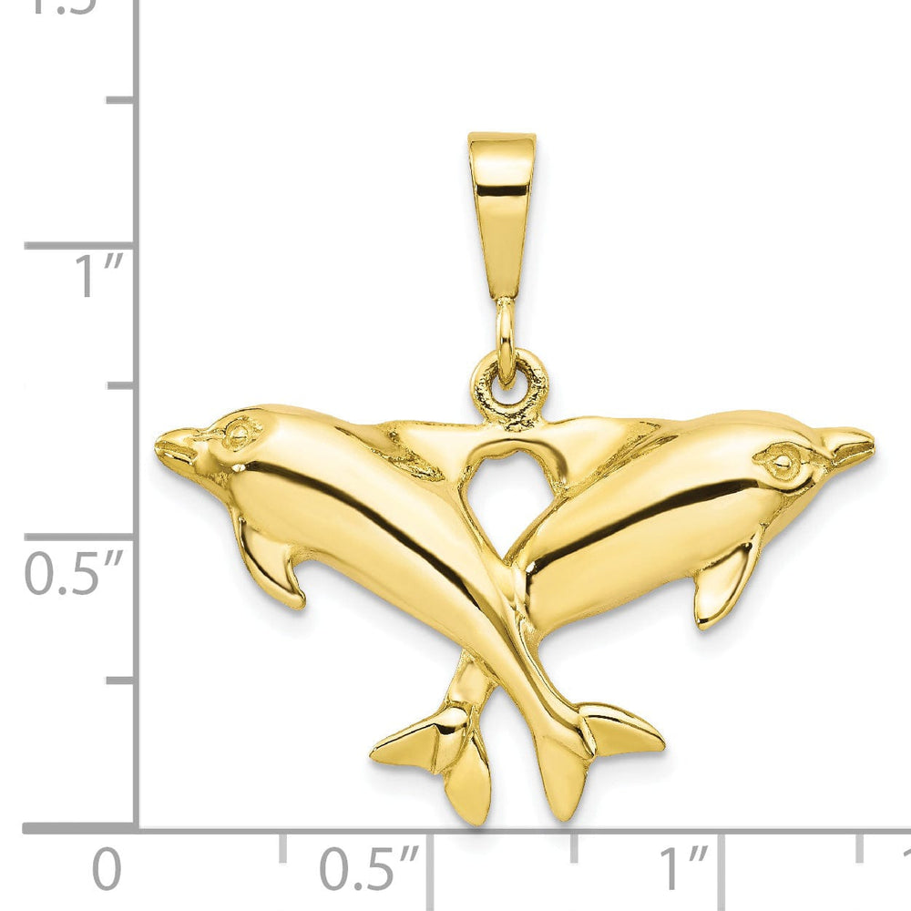 Solid 10k Yellow Gold Polished Twin Dolphins Pendant