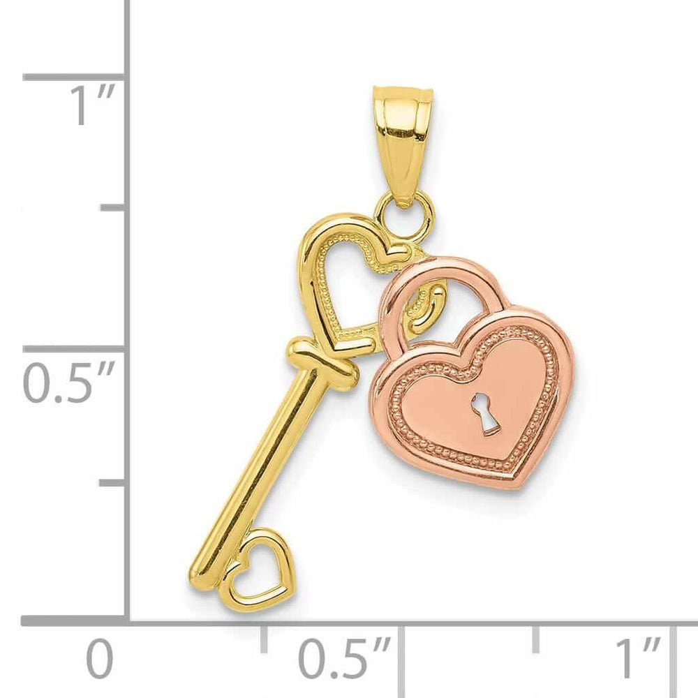 10K Two Tone Gold Heart and Key Charm Pendant