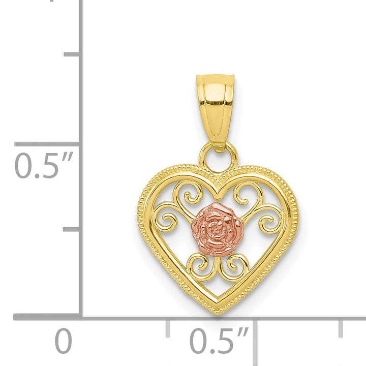 Solid 10K Two Tone Gold Heart with Rose Pendant