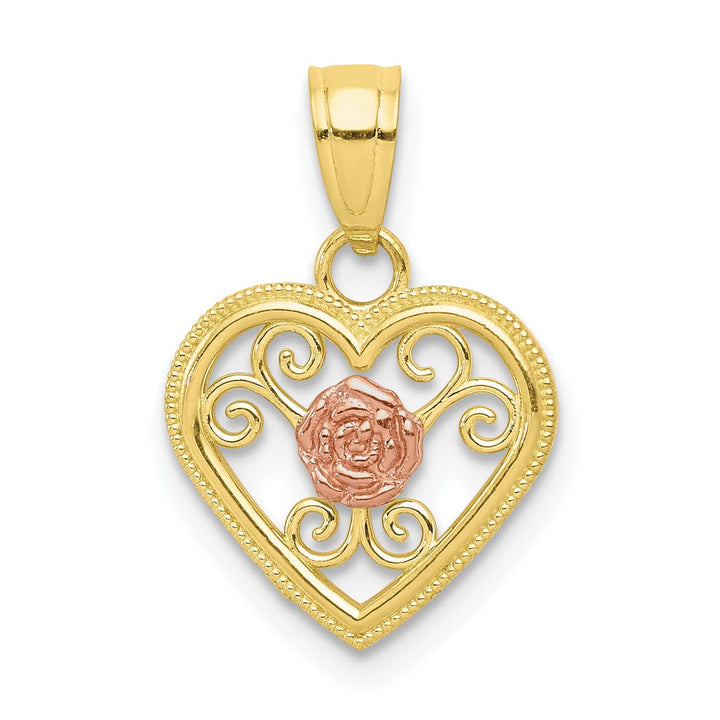 Solid 10K Two Tone Gold Heart with Rose Pendant
