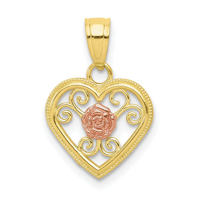 Solid 10K Two Tone Gold Heart with Rose Pendant