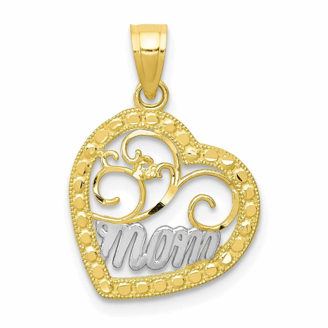 10k Two Tone Gold Polished Mom Heart Pendant
