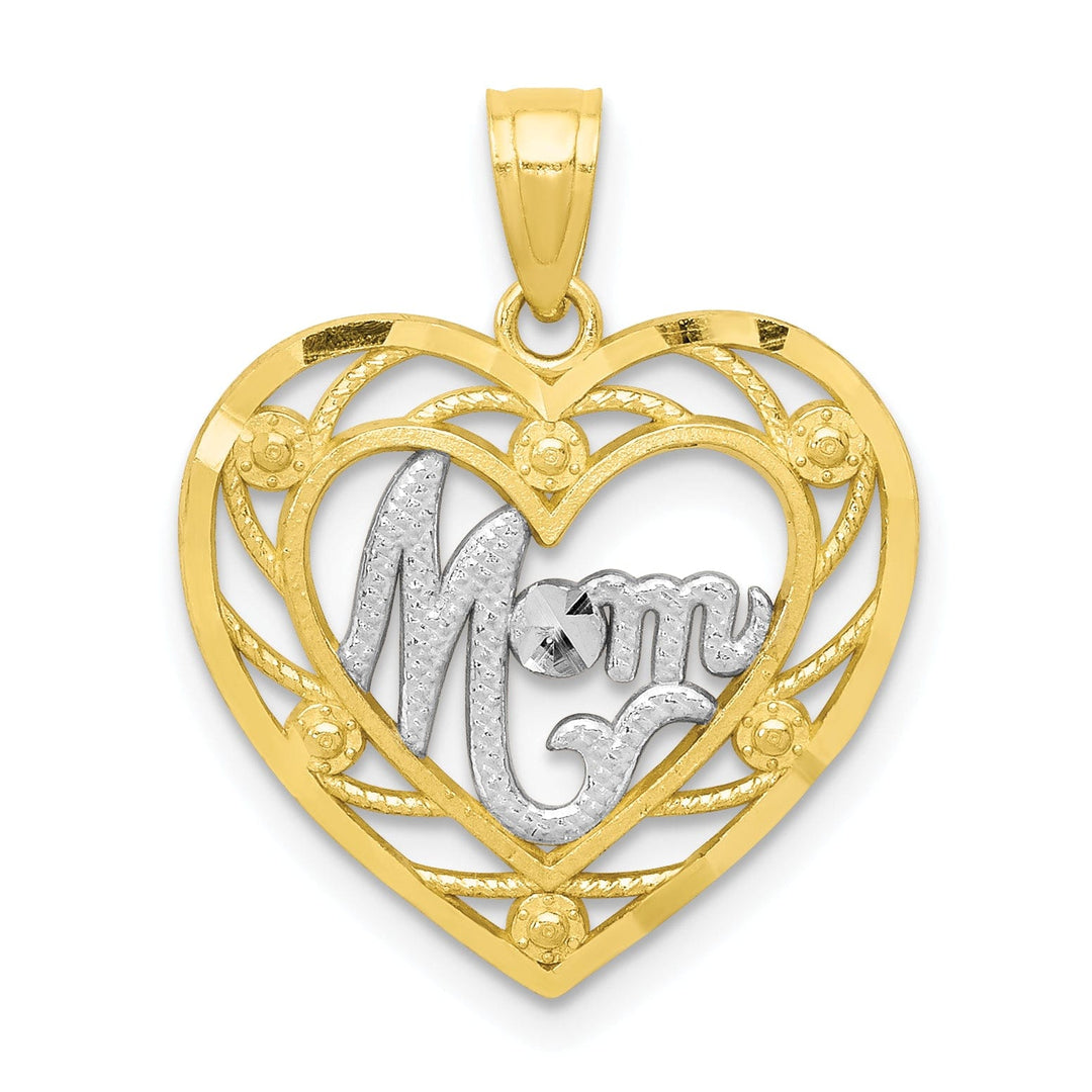 Solid 10k Two Tone Gold Mom Heart Charm Pendant