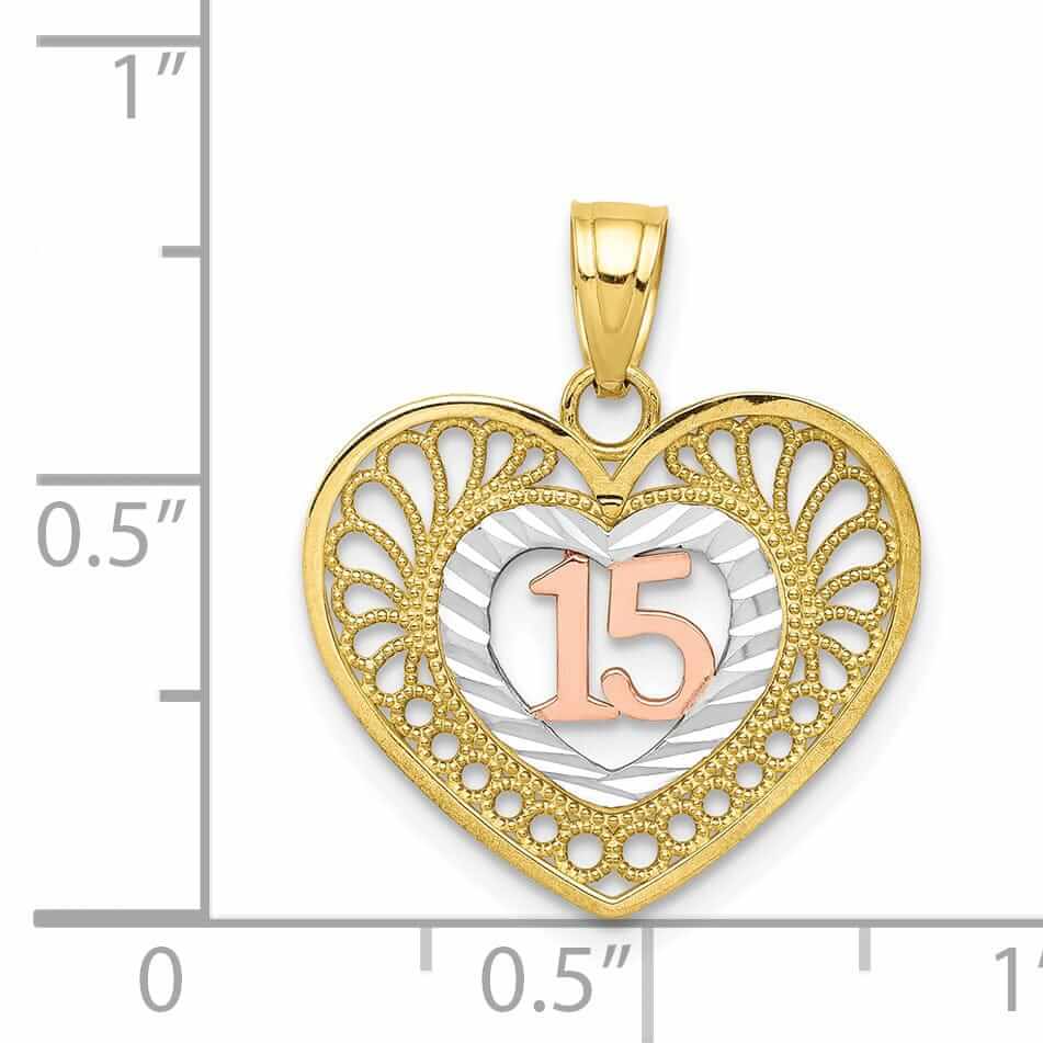 10K Two Tone Gold Polished Anos 15 Heart Charm