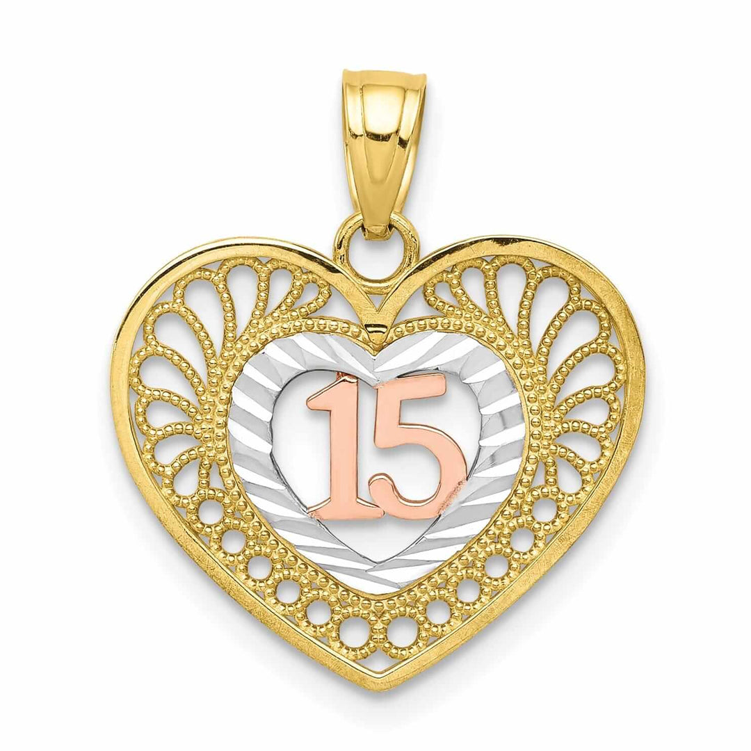 10K Two Tone Gold Polished Anos 15 Heart Charm