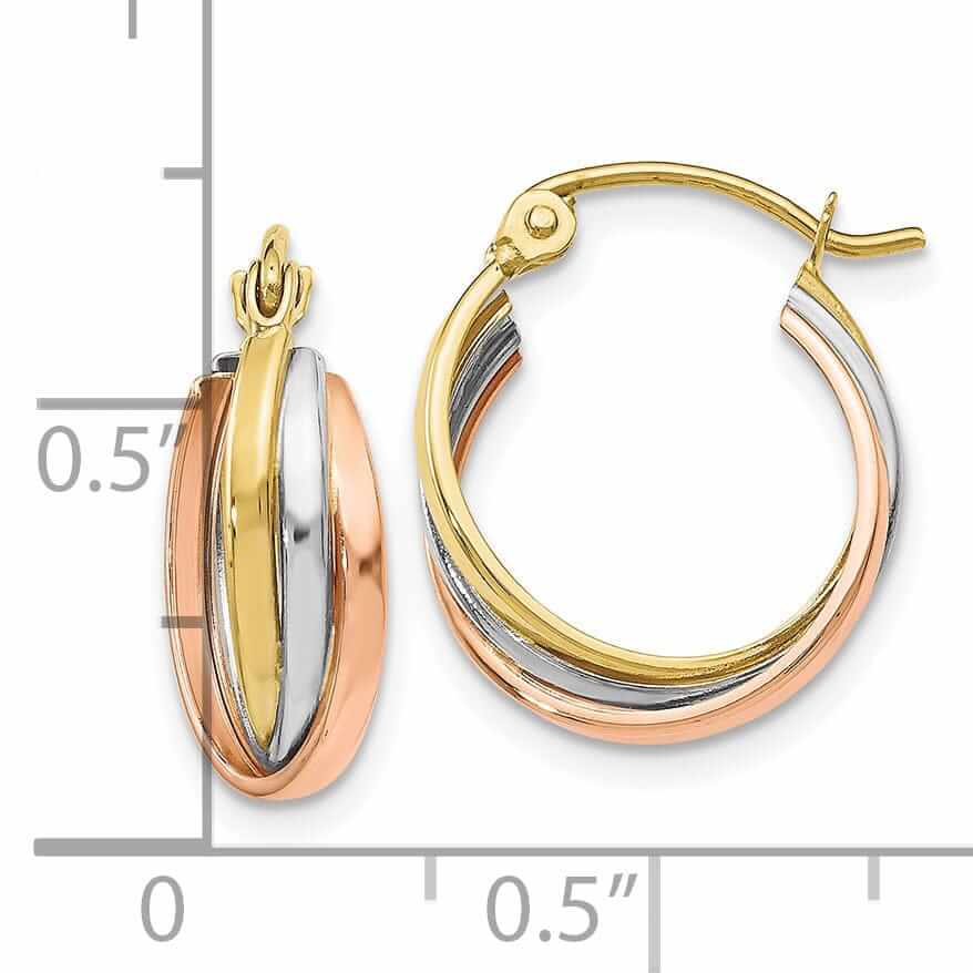 10kt Tri-color Polished Hinged Hoop Earrings