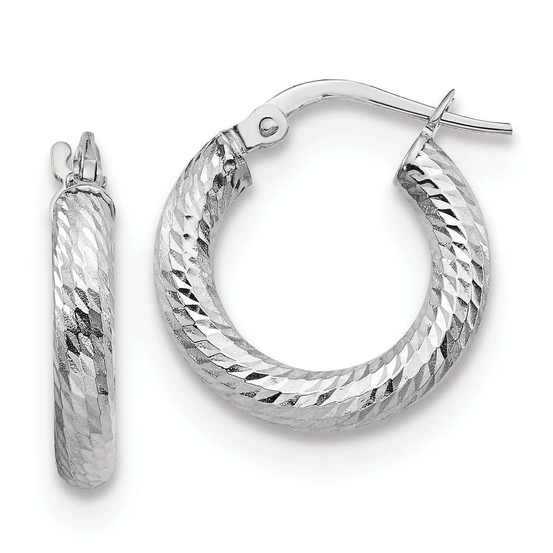 10k White Gold Diamond Cut Round Hoop Earrings