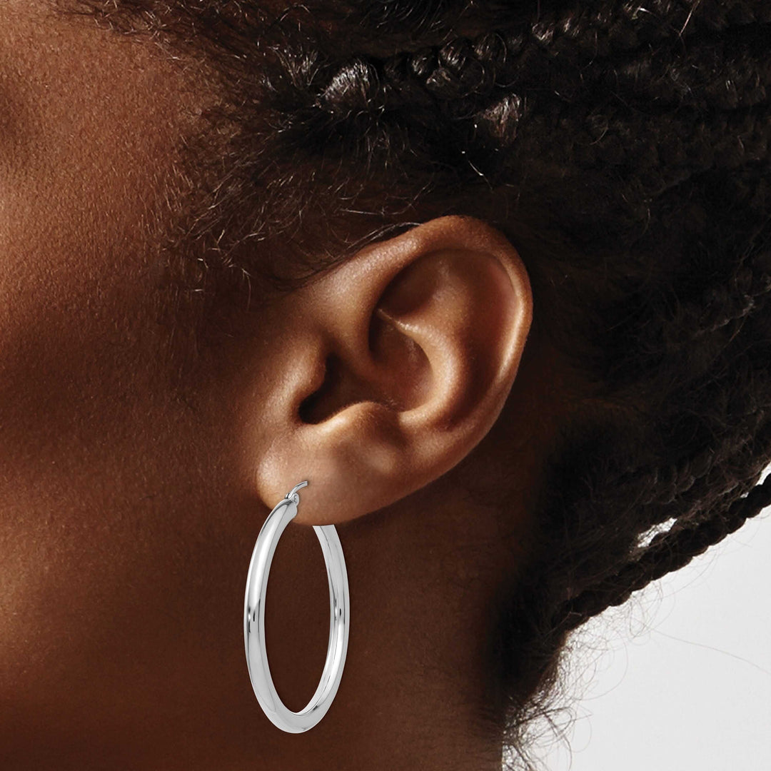 10k White Gold Polish 3MM Wide Round Hoop Earrings
