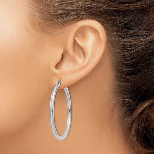 10k White Gold Polish 3MM Wide Round Hoop Earrings