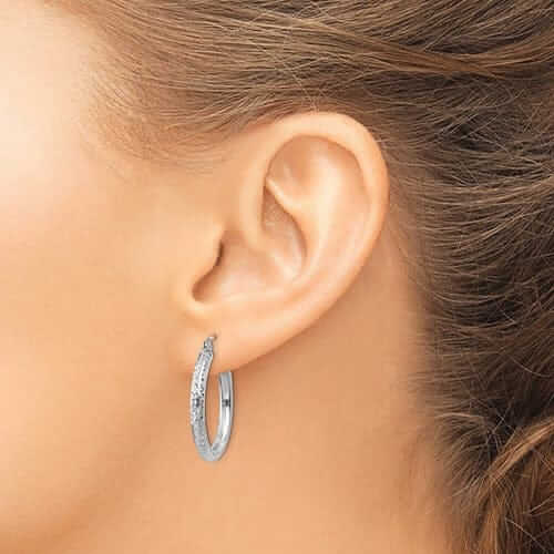 10k White Gold D.C 3MM Polished Round Hoop Earring