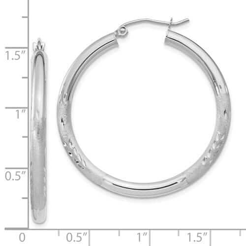 10k White Gold Satin Diamond Cut Round Hoop Earrings