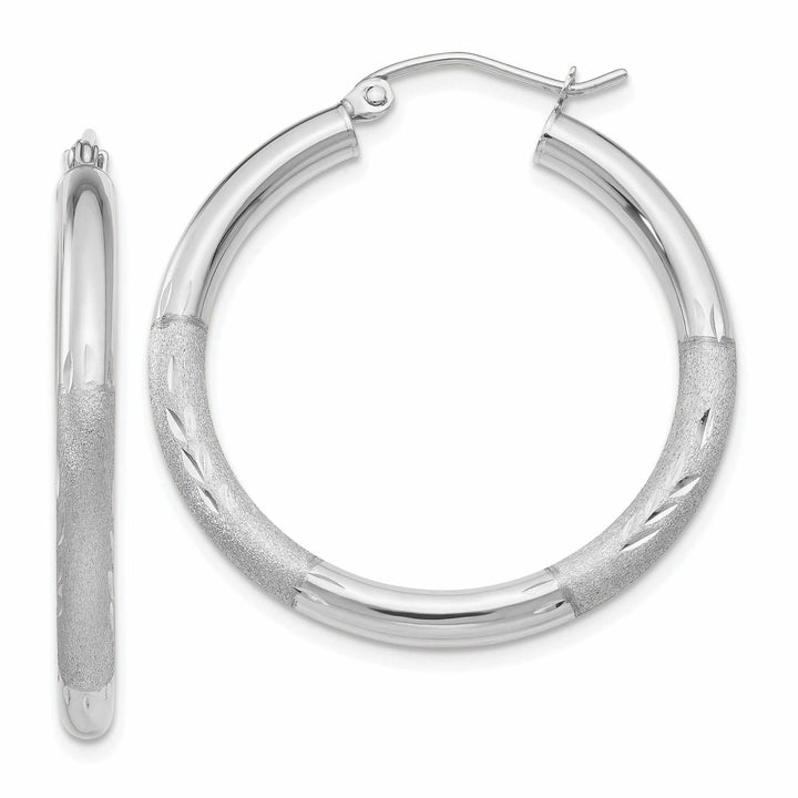 10k White Gold Satin Diamond Cut Round Hoop Earrings