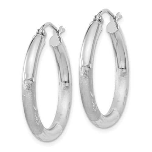 10k White Gold Satin Diamond Cut Round Hoop Earrings