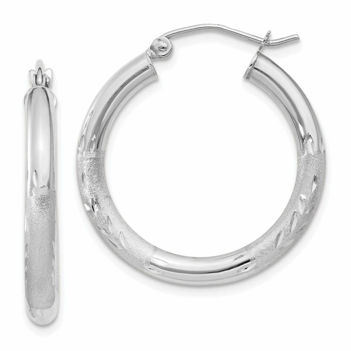 10k White Gold Satin Diamond Cut Round Hoop Earrings