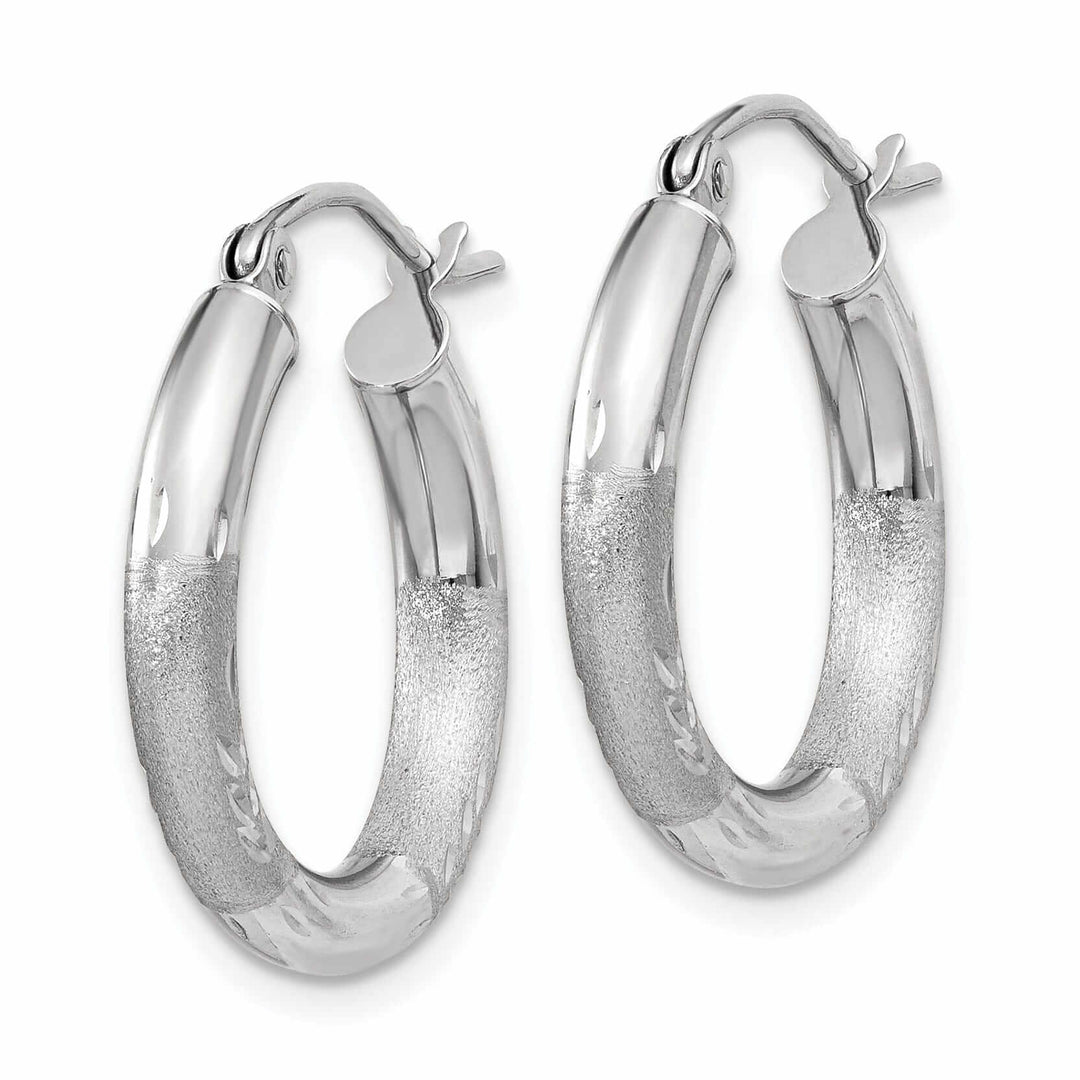 10k White Gold Satin Diamond Cut Round Hoop Earrings