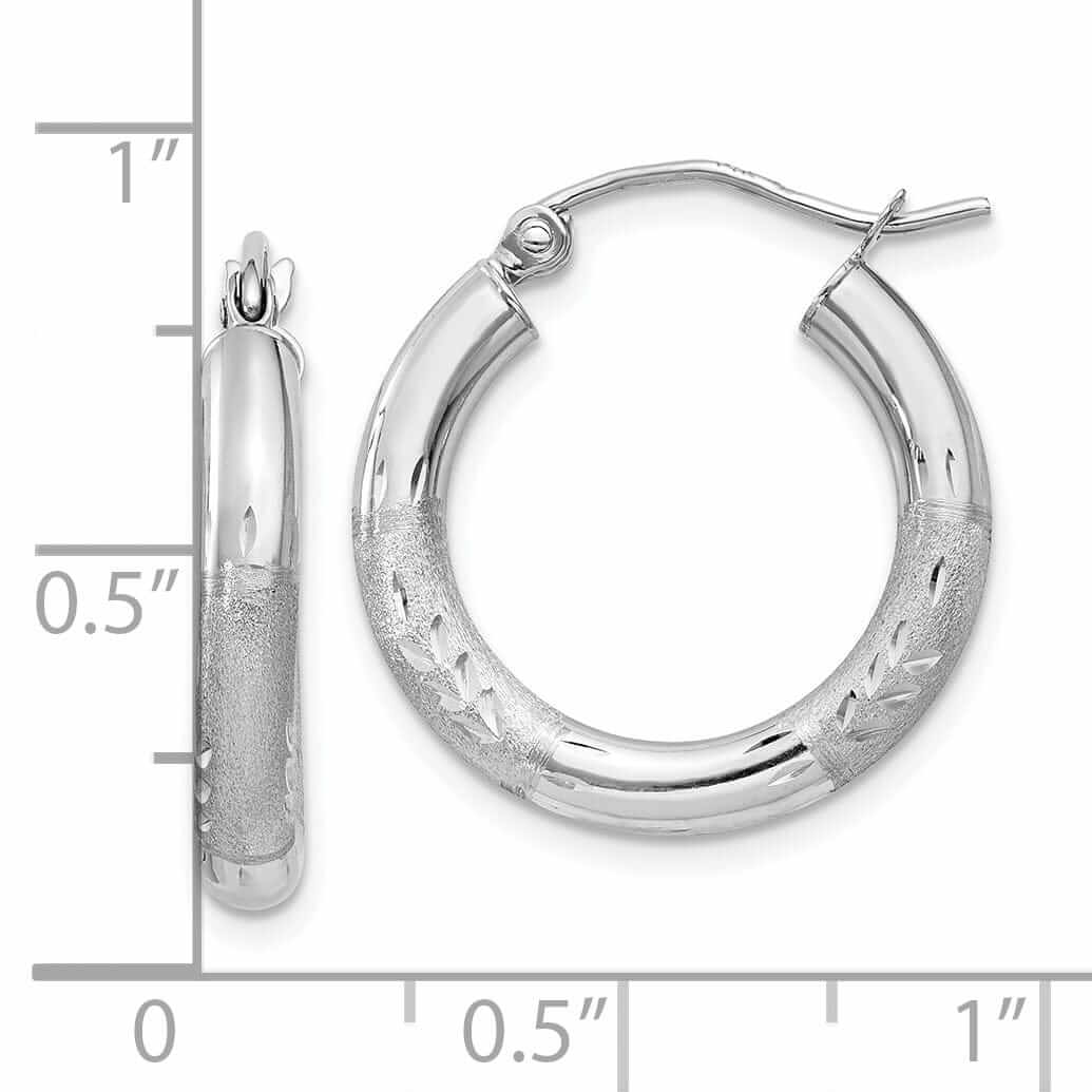 10k White Gold Satin Diamond Cut Round Hoop Earrings