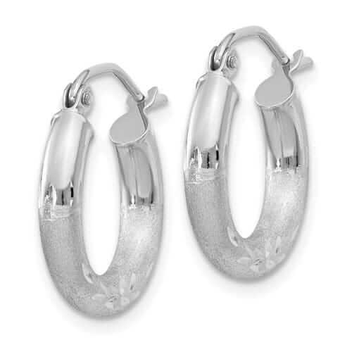 10k White Gold Satin Diamond Cut Round Hoop Earrings