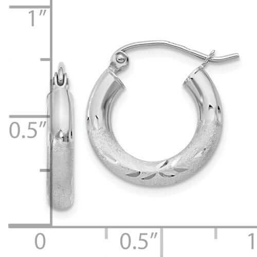 10k White Gold Satin Diamond Cut Round Hoop Earrings