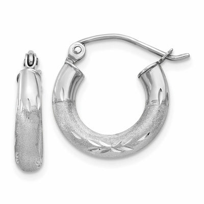 10k White Gold Satin Diamond Cut Round Hoop Earrings at $ 64.7 only from Jewelryshopping.com