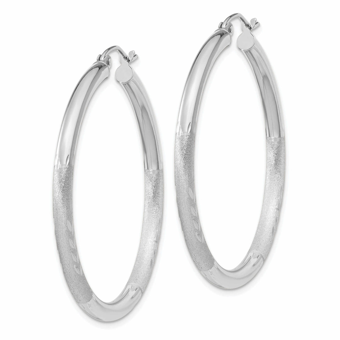 10k White Gold Satin Diamond Cut Round Hoop Earrings