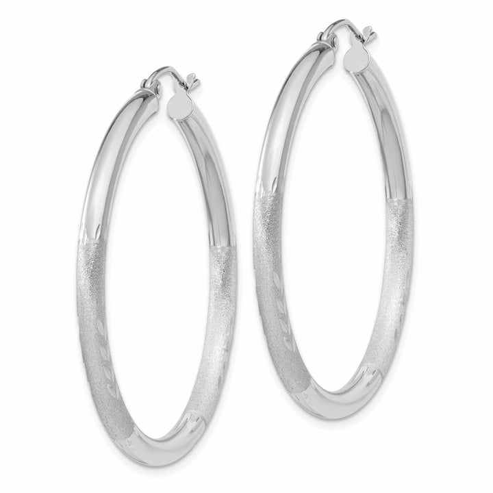 10k White Gold Satin Diamond Cut Round Hoop Earrings