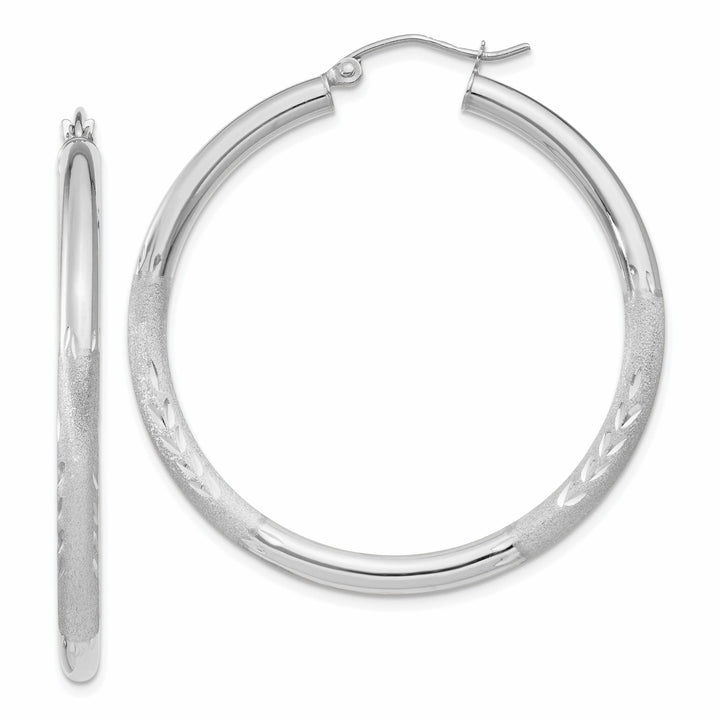 10k White Gold Satin Diamond Cut Round Hoop Earrings