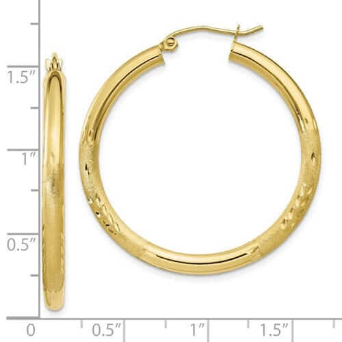 10k Yellow Gold Satin Diamond Cut Round Hoop Earring