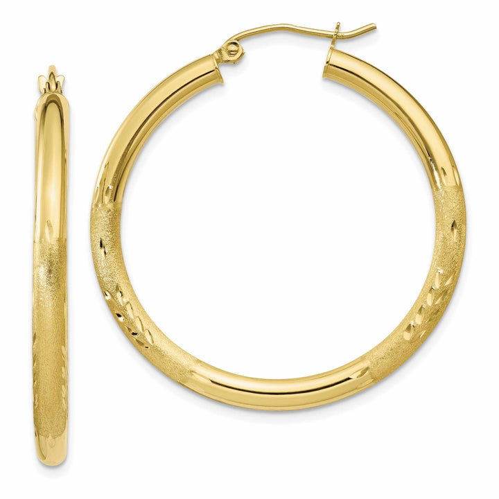 10k Yellow Gold Satin Diamond Cut Round Hoop Earring