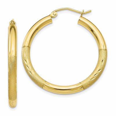10k Yellow Gold Satin Diamond Cut Round Hoop Earring