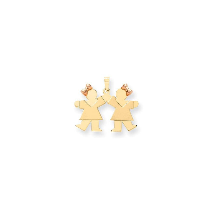 14k Two-tone Small Twin Girls With Bows Kiss Charm