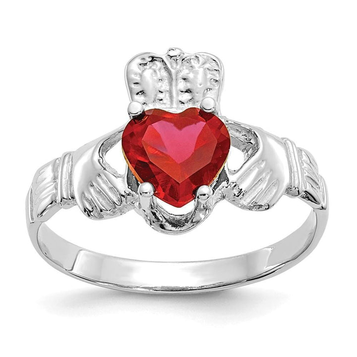 14k White Gold July Birthstone Claddagh Ring