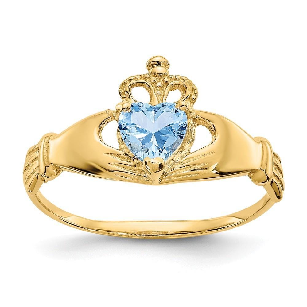 14k Yellow Gold CZ Birthstone Claddagh Heart Ring