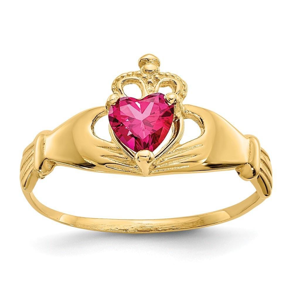 14k Yellow Gold CZ July Birthstone Claddagh Heart