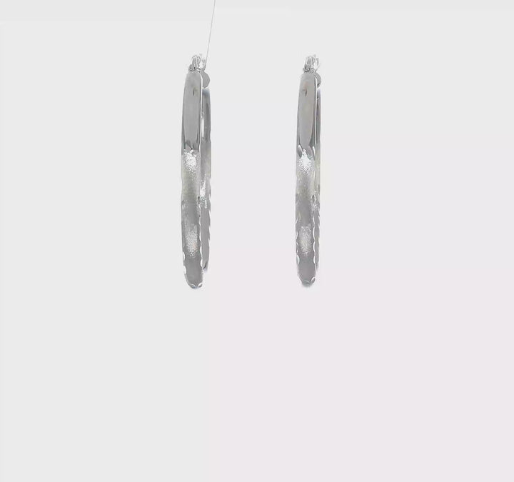 10k White Gold Satin Diamond Cut Round Hoop Earrings