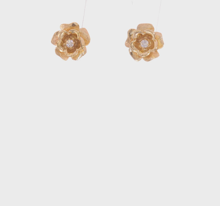 14k Yellow Gold Diamond Flower Earrings