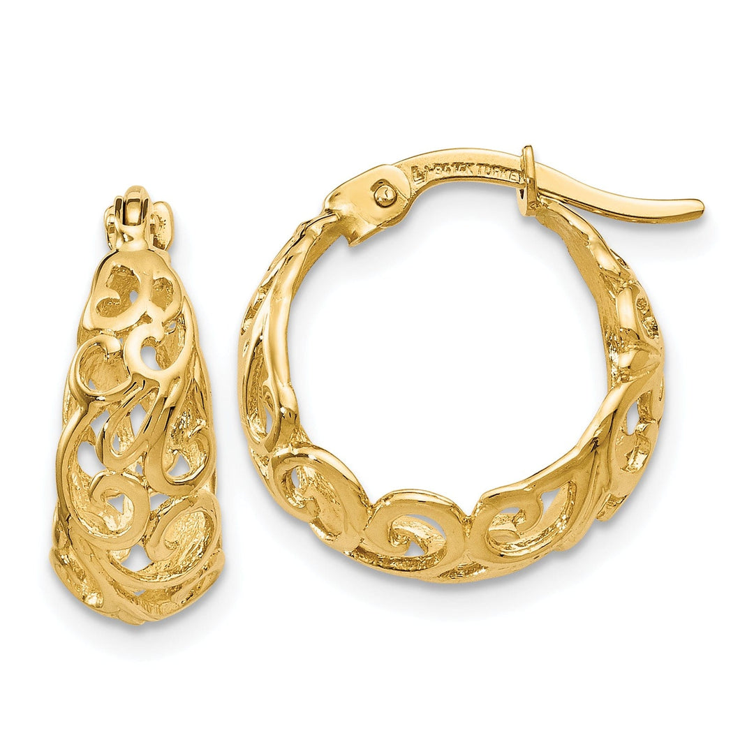 14k Yellow Gold Shrimp Creole Filigree Design Hinged Hoop Earrings