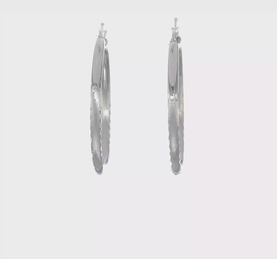 10k White Gold Satin Diamond Cut Round Hoop Earrings