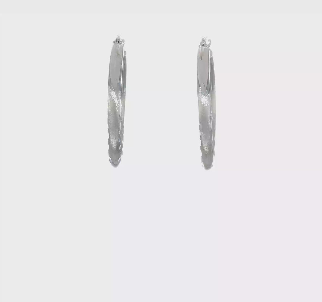 10k White Gold Satin Diamond Cut Round Hoop Earrings