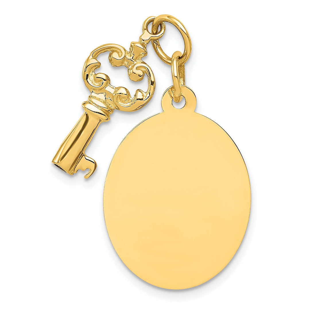 14K Yellow Gold Polished Finish Flat Back Engraveable Disc and Key Charm Pendant