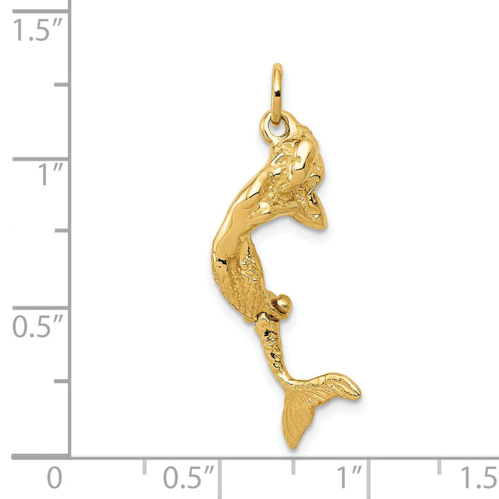 14k Yellow Gold Textured Polished Finish Womens 3-Dimensional Moveable Tail Mermaid Charm Pendant