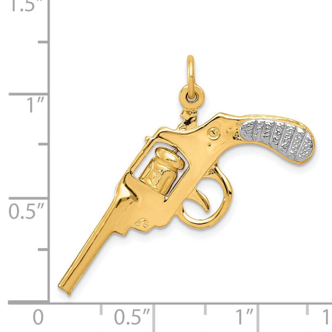 14k Yellow Gold White Rhodium Textured Polished Finish 3-Dimensional Moveable Revolver Charm Pendant