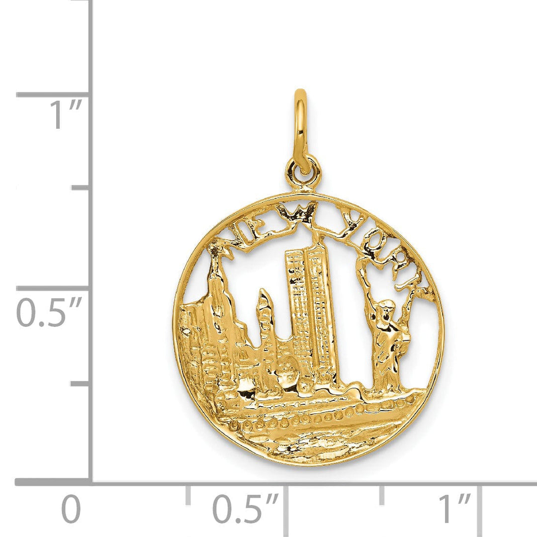 14k Yellow Gold Solid Textured Polished Finish NEW YORK Skyline Theme Circle Charm Pendant