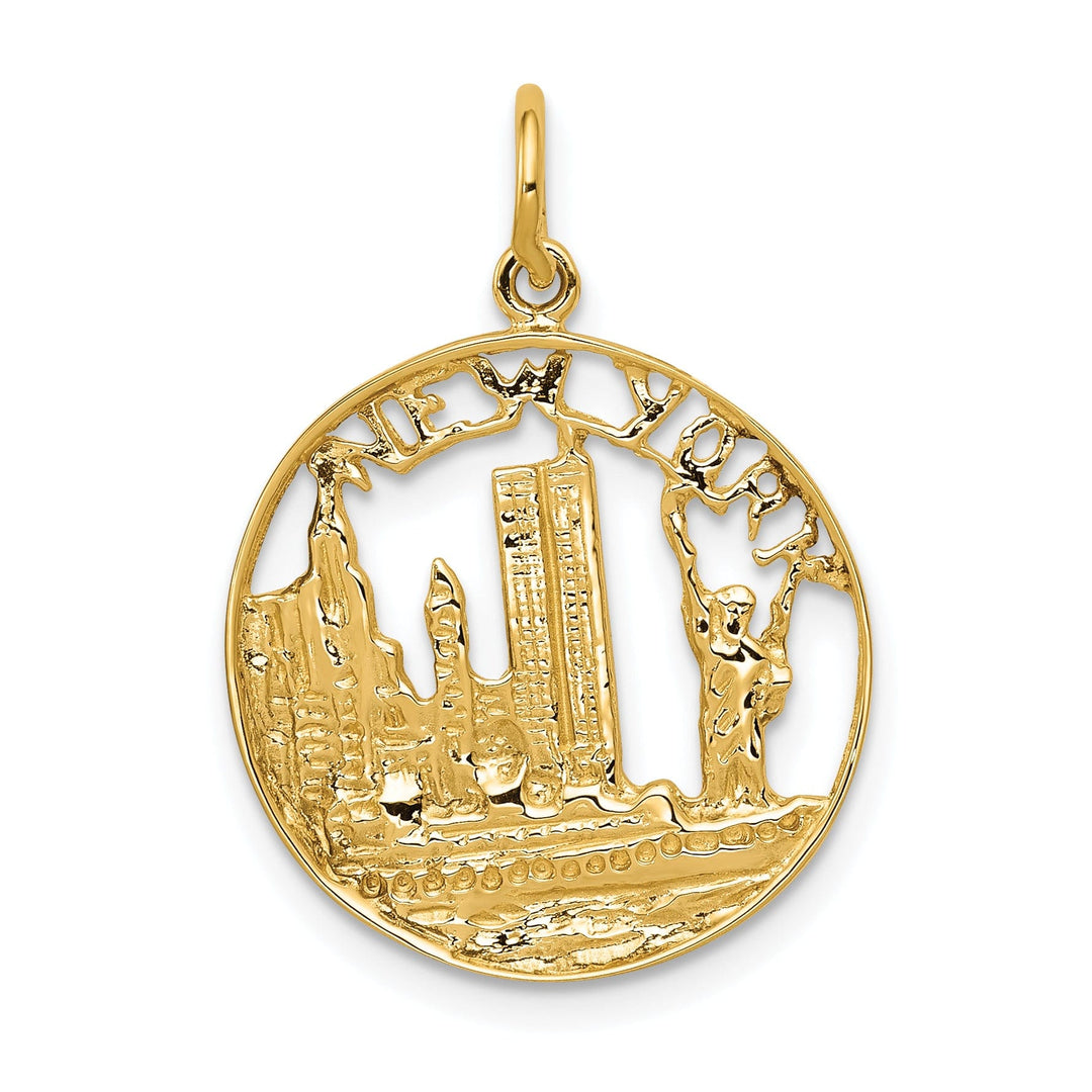 14k Yellow Gold Solid Textured Polished Finish NEW YORK Skyline Theme Circle Charm Pendant