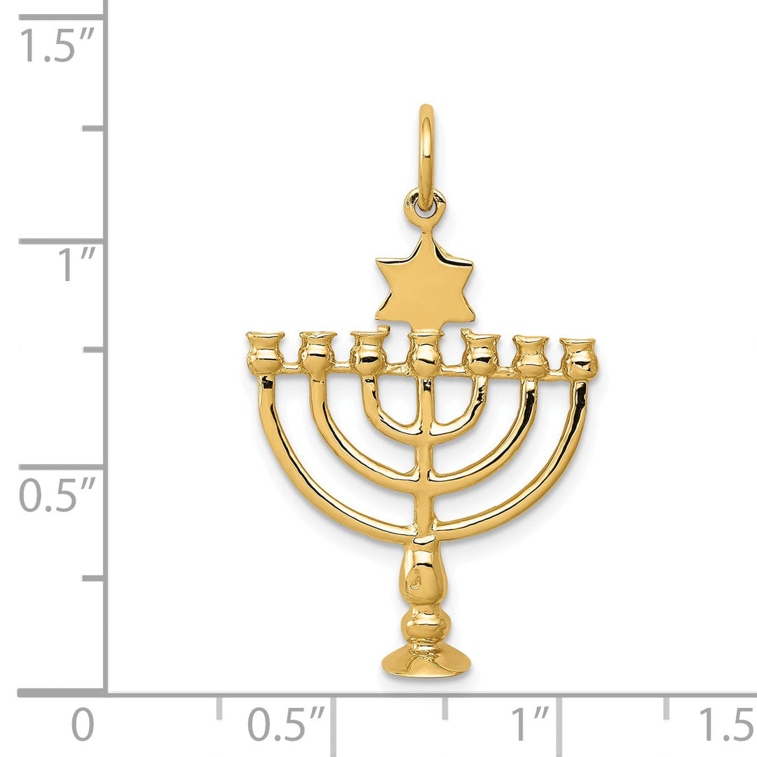 14K Yellow Gold Polish Finish 3-D Menorah Star of David Symbol Pendant