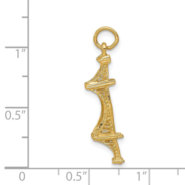 14k Yellow Gold Polished Textured Finish Solid 3-Dimensional Golden Gate Bridge Charm Pendant